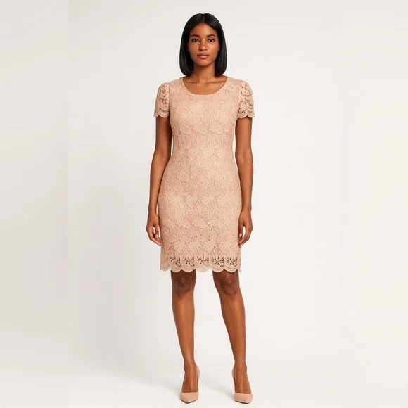 Blush Nude Crochet Lace Sheath Dress by Michael K - Picture 3 of 9